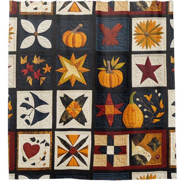 Autumn Quilt Block Pattern | Rustic Harvest Shower Curtain (Front)