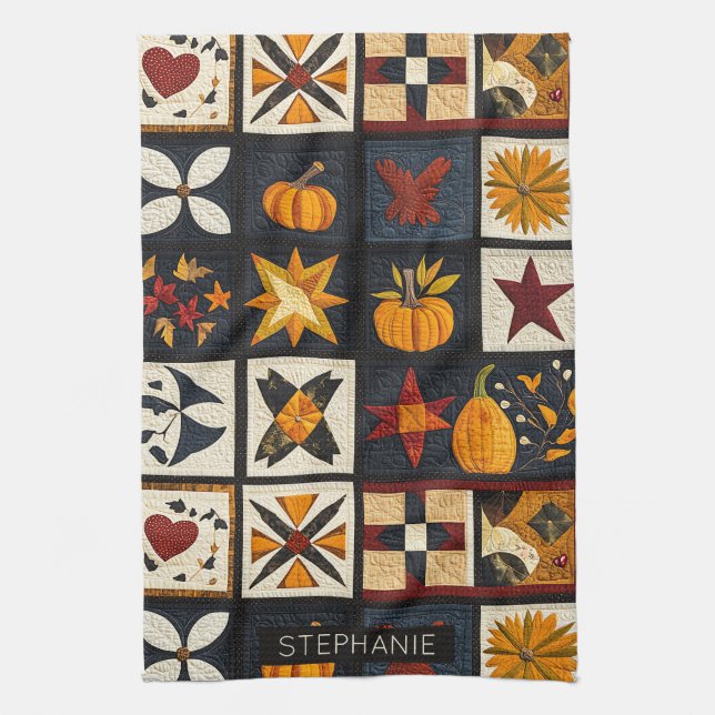 Autumn Quilt Block Pattern | Rustic Harvest Tea Towel (Vertical)