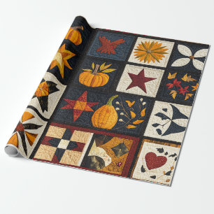 Autumn Quilt Block Pattern   Rustic Harvest Wrapping Paper
