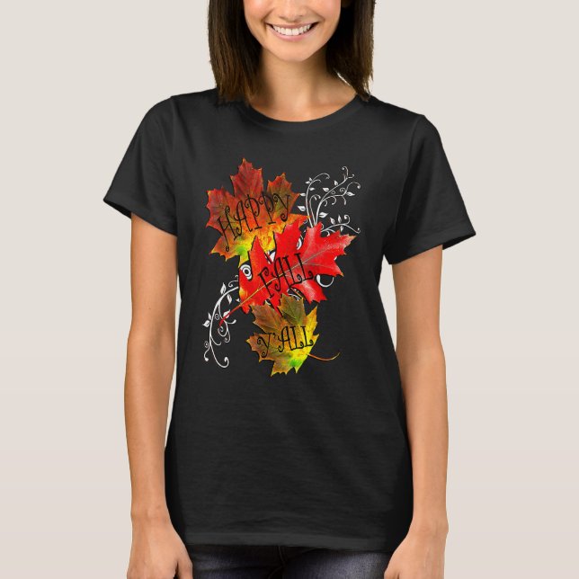 Autumn Quote Happy Fall Y'all Pattern Leaves Fall T-Shirt (Front)