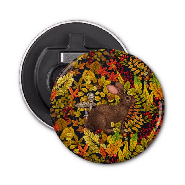 Autumn Rabbit on black Bottle Opener (Front)