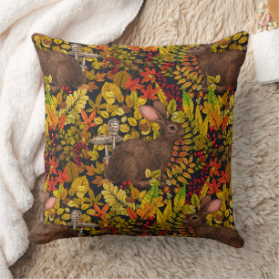 Autumn Rabbit on black Cushion