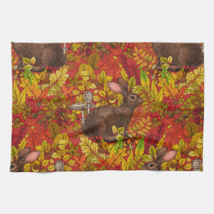 Autumn Rabbit on black Tea Towel