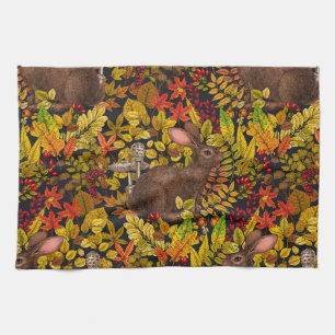 Autumn Rabbit on black Tea Towel