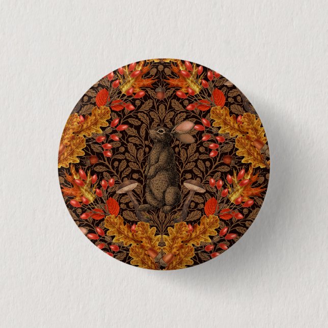 Autumn rabbit on brown 3 cm round badge (Front)
