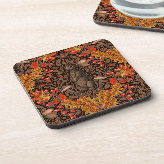 Autumn rabbit on brown coaster (Left Side)