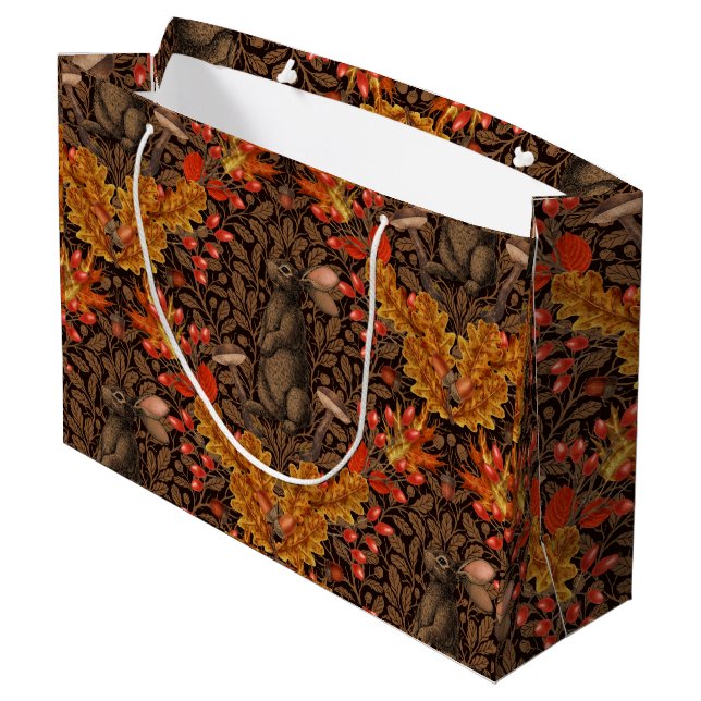 Autumn rabbit on brown large gift bag (Back Angled)