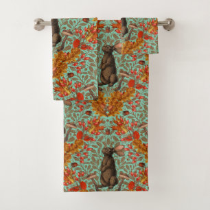 Autumn rabbit on light green bath towel set