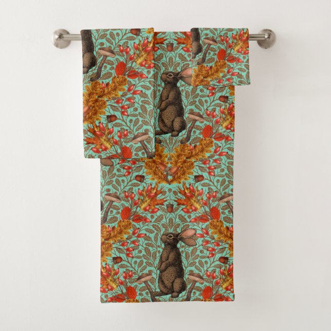 Autumn rabbit on light green bath towel set (Insitu)