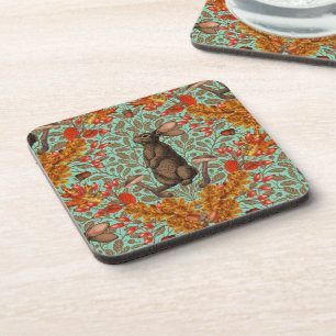 Autumn rabbit on light green coaster