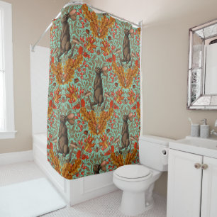 Autumn rabbit on light green shower curtain