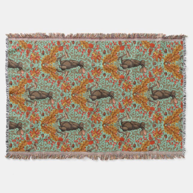 Autumn rabbit on light green throw blanket (Front)