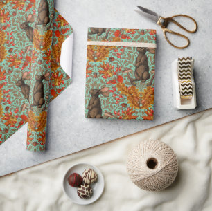 Autumn rabbit on light green wrapping paper