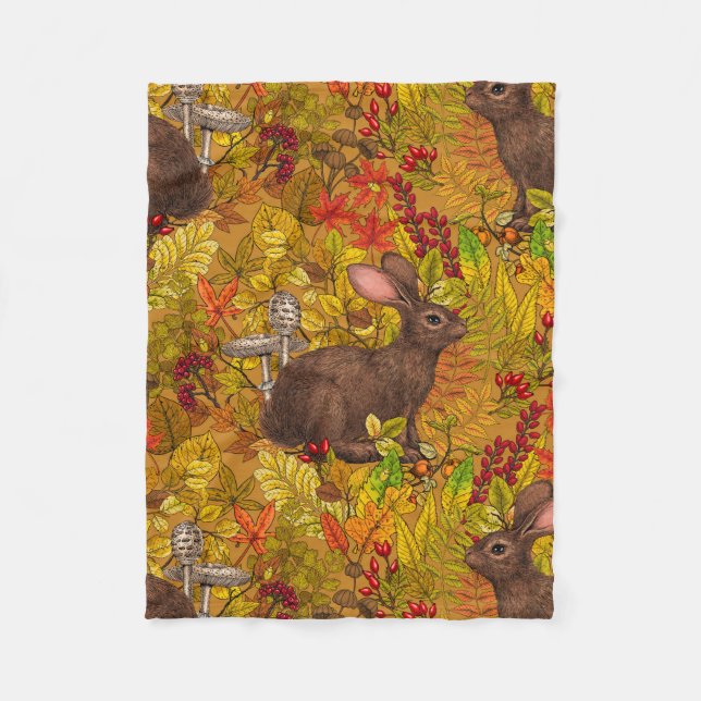 Autumn Rabbit on ochre Fleece Blanket (Front)