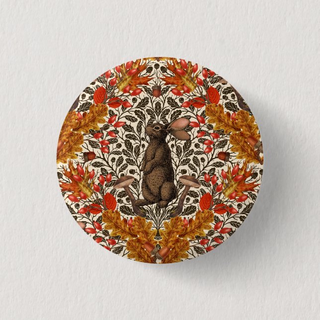 Autumn rabbit on off white 3 cm round badge (Front)