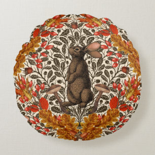 Autumn rabbit on off white round cushion