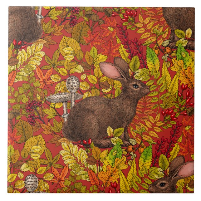 Autumn Rabbit on red Ceramic Tile (Front)