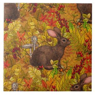 Autumn Rabbit on red Ceramic Tile