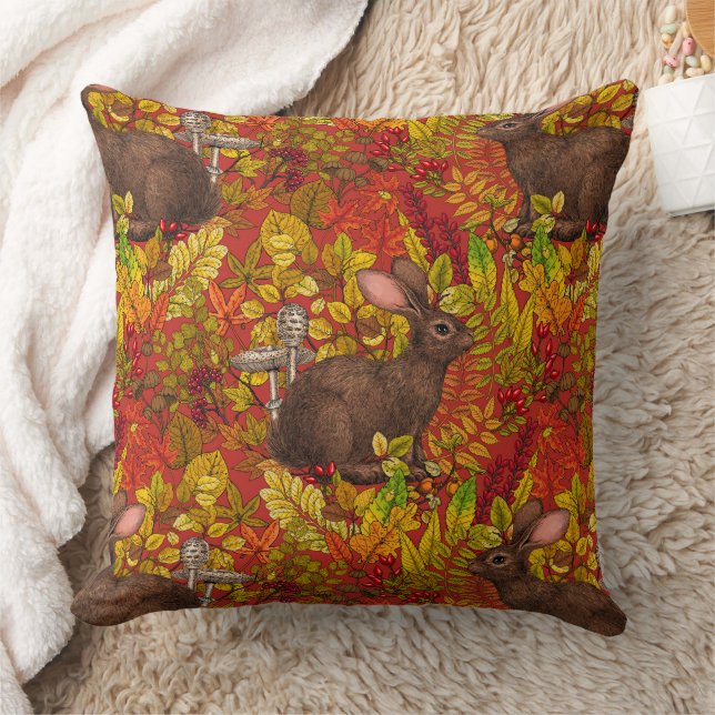 Autumn Rabbit on red Cushion (Blanket)