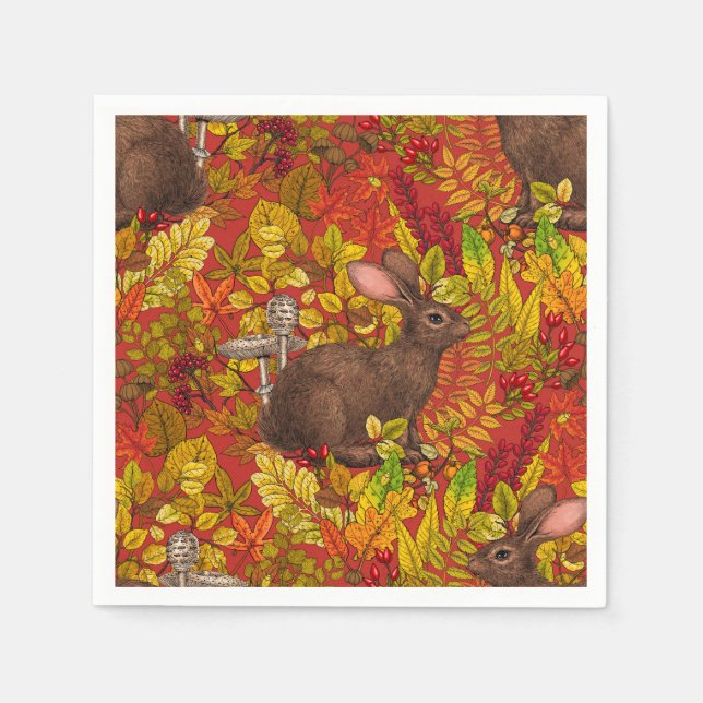 Autumn Rabbit on red Napkin (Front)