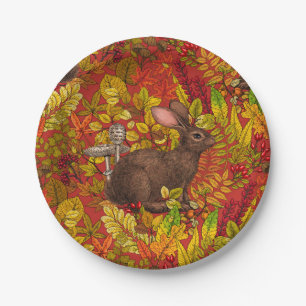 Autumn Rabbit on red Paper Plate