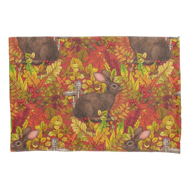 Autumn Rabbit on red Pillowcase (Front)