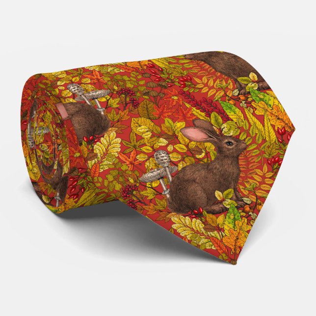 Autumn Rabbit on red Tie (Rolled)