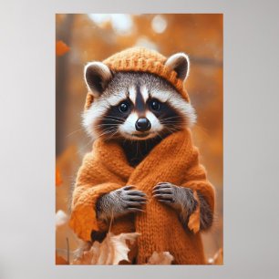 Autumn Racoon Art Print, Fall Animal in Clothes Poster
