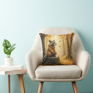 Autumn Racoon Sitting On a Tree Stump Cushion