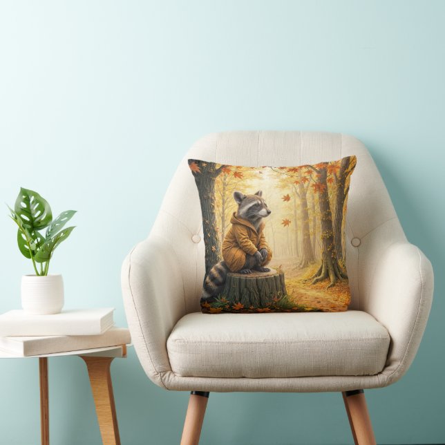 Autumn Racoon Sitting On a Tree Stump Cushion (Chair)