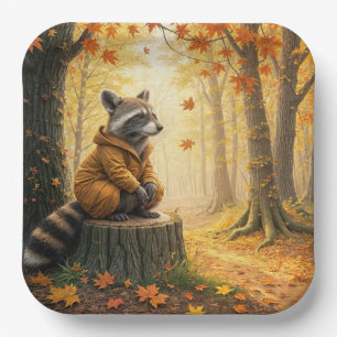 Autumn Racoon Sitting On a Tree Stump Paper Plate