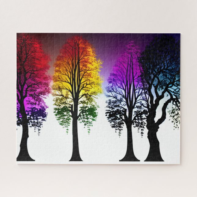 Autumn Rainbow Foliage on Black Silhouette Trees Jigsaw Puzzle (Horizontal)
