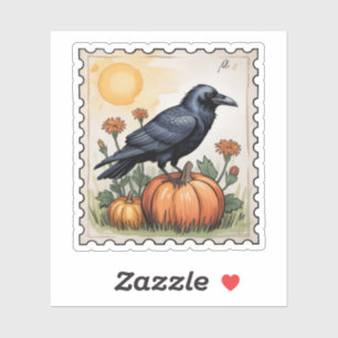 Autumn Raven on Pumpkin Halloween Postage Stamp