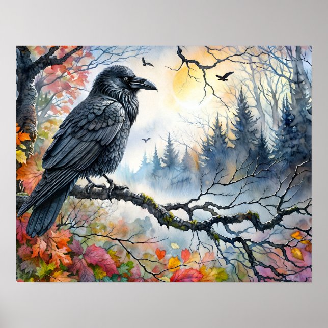 Autumn Raven Watercolor Art Poster (Front)