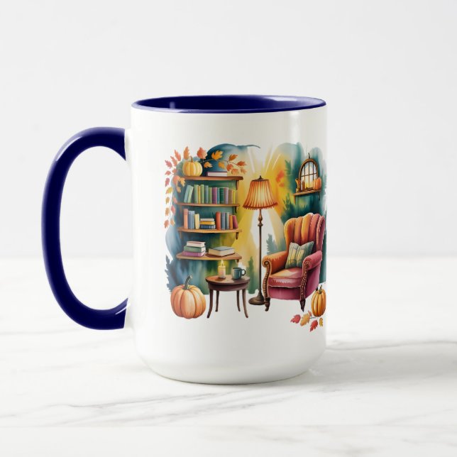 Autumn Reading Chair Mug — Cozy Lamp & Book Corner (Left)