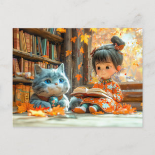 Autumn Reading with My Fluffy Cat Holiday Postcard