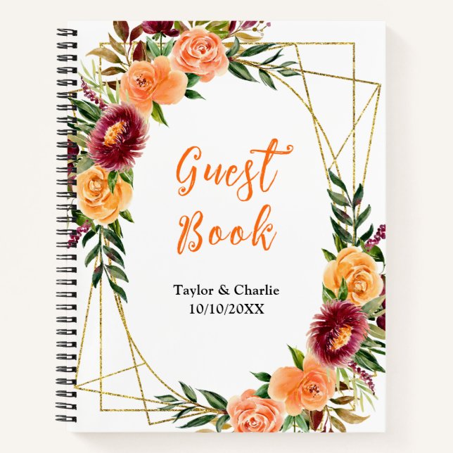 Autumn Red and Orange Floral Wedding Guest Book (Front)