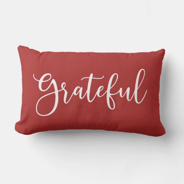 Autumn Red and White Script Grateful Lumbar Cushion (Front)
