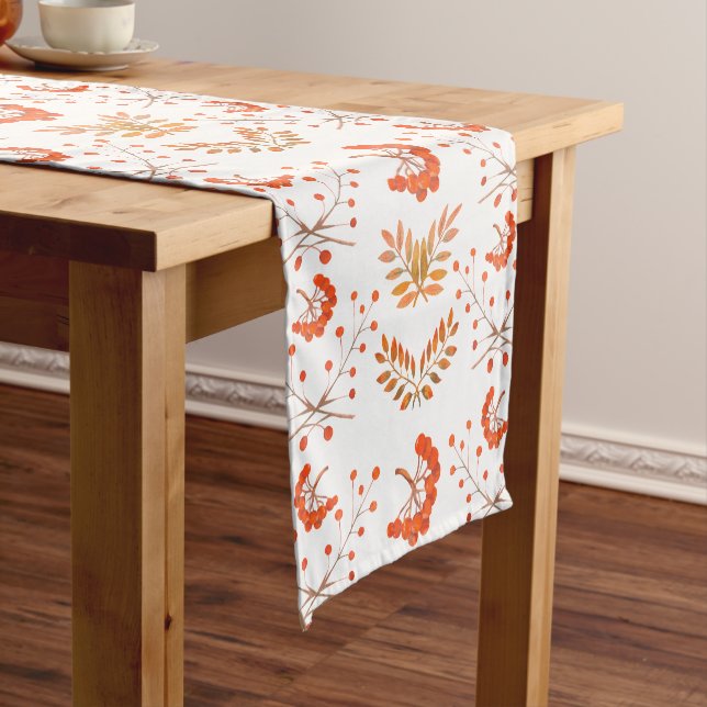 Autumn Red Berries & Leaves Botanical Short Table Runner (In Situ)