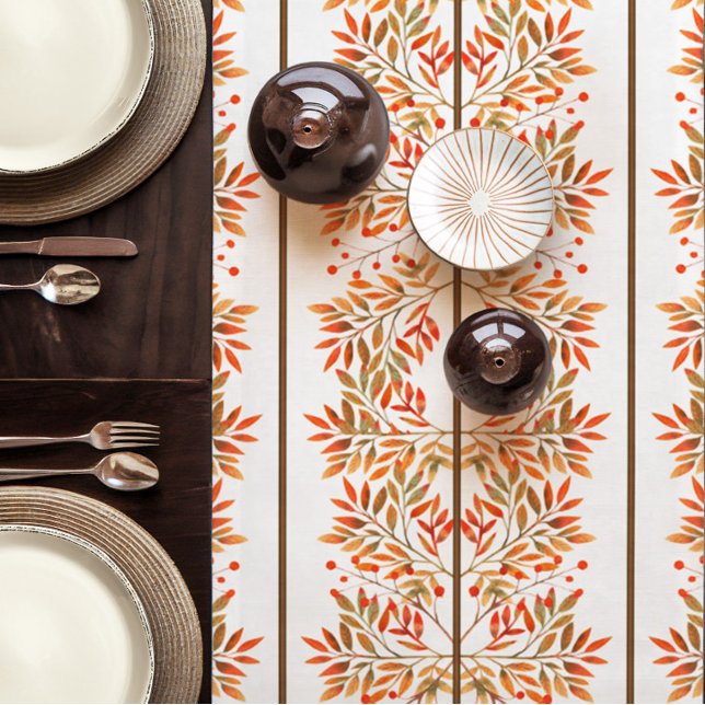 Autumn Red Berries & Leaves Botanical Short Table Runner (Modern Autumn Table Runner with Rowen Berries & Colorful Leaves in Shades of Sienna, Olive, and Gold)