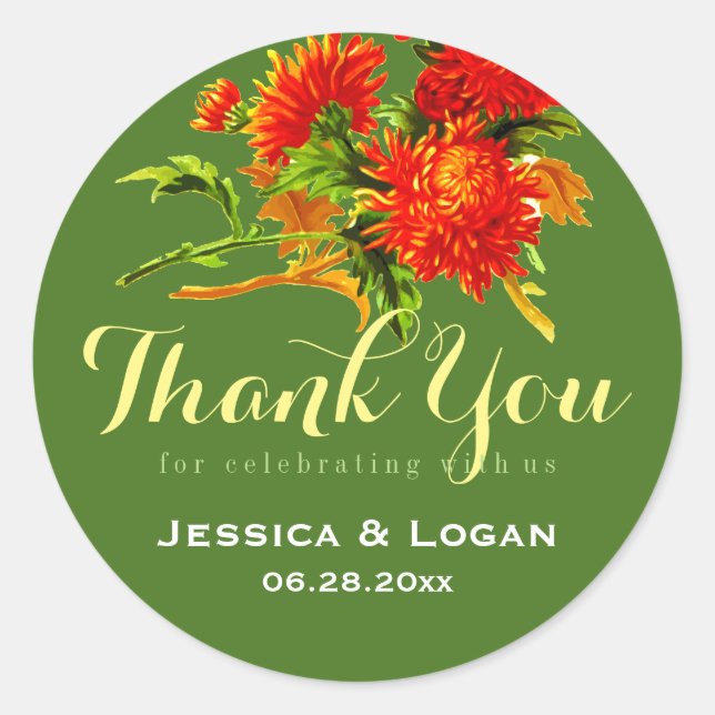 Autumn Red Flowers Thank You Wedding Stickers (Front)