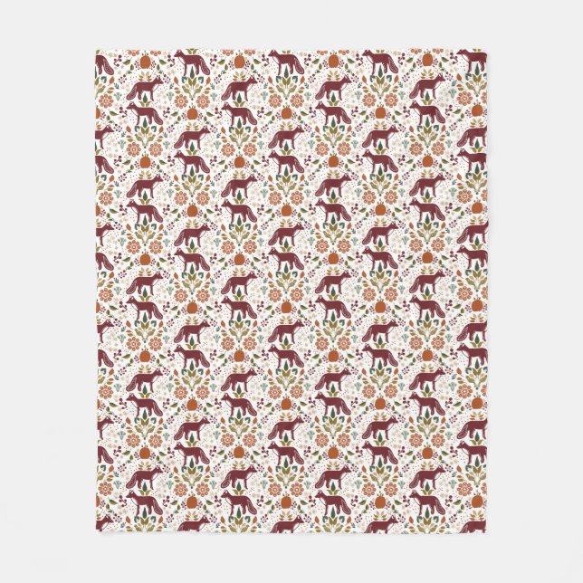 Autumn Red Fox Folk Art Fleece Blanket  (Front)