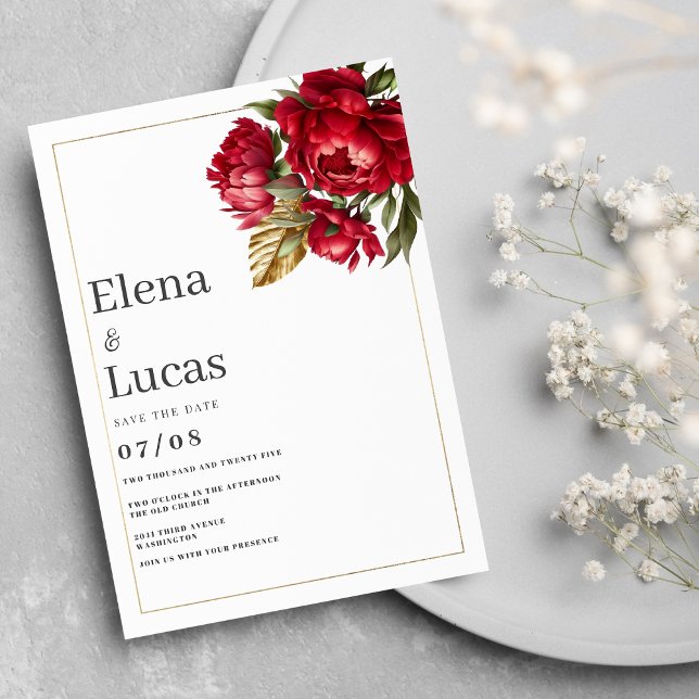 Autumn red gold green peonies floral wedding  invitation (Autumn red gold green peonies floral wedding)