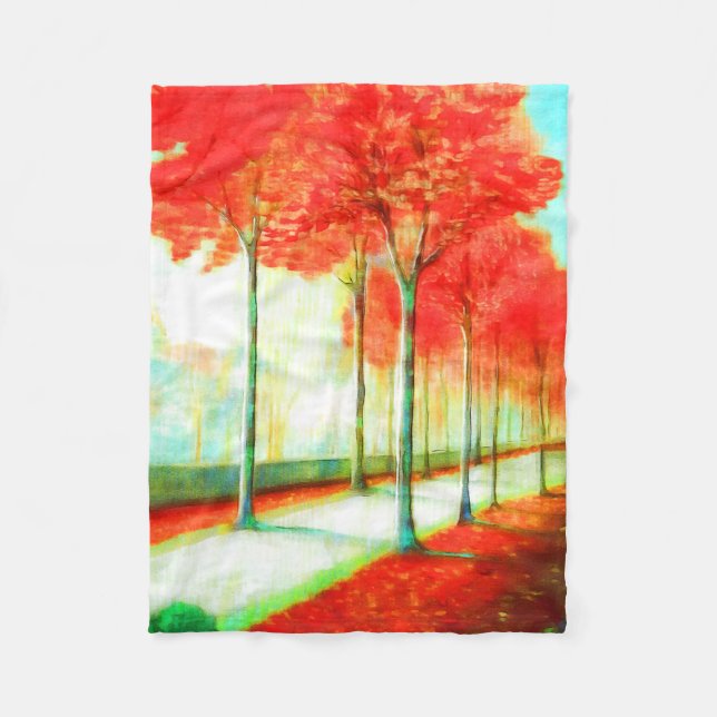 Autumn Red Leaves Trees Way Scenic Art Fleece Blanket (Front)