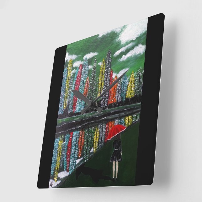 Autumn Reflection Painting by Alfred Fox Square Wall Clock (Angle)