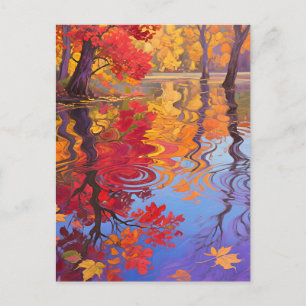 Autumn Reflection Pond Impressionist Postcard