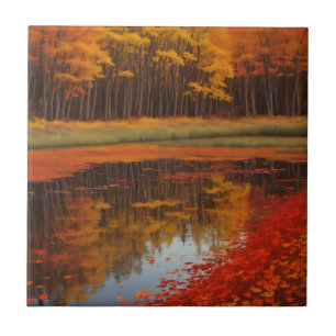 Autumn Reflections A Serene Lake Ceramic Tile