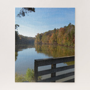 Autumn Reflections On Lake By Rustic Wooden Bridge Jigsaw Puzzle