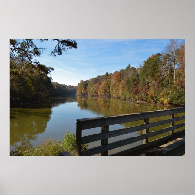 Autumn Reflections On Lake By Rustic Wooden Bridge Poster (Front)