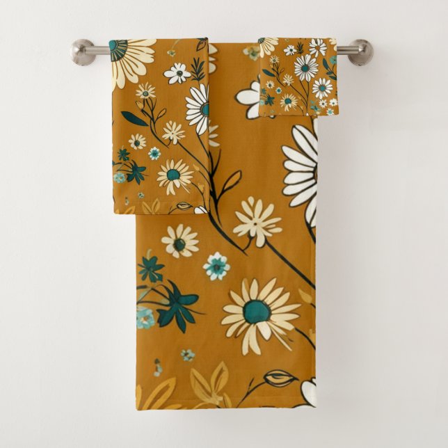 Autumn Retro Boho Mustard Flowers Pattern Bath Towel Set (Insitu)